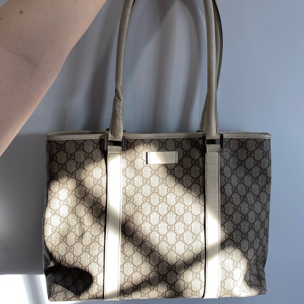 Gucci Beige GG Monogram White Leather-Trim Tote